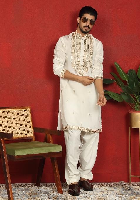 Cream Embroidered Cotton Kurta For Men