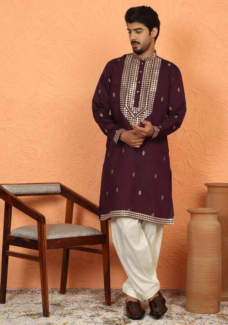 Wine Embroidered Cotton Kurta For Men - Indya
