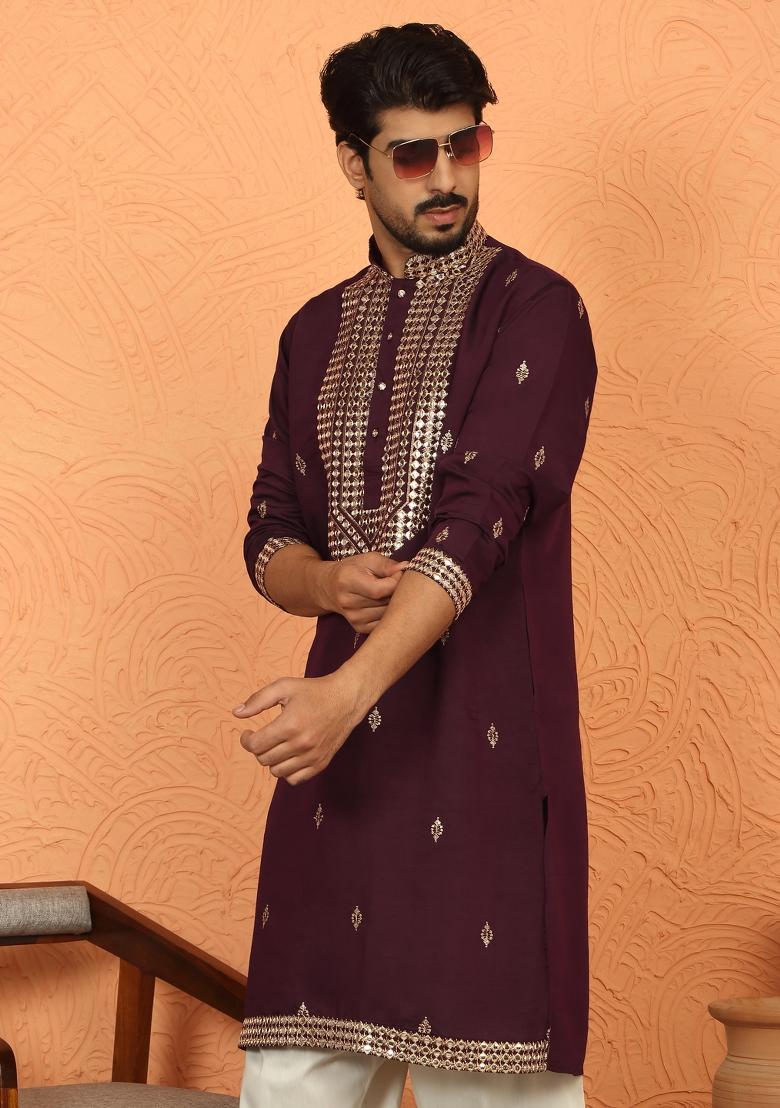 Wine Embroidered Cotton Kurta For Men - Indya