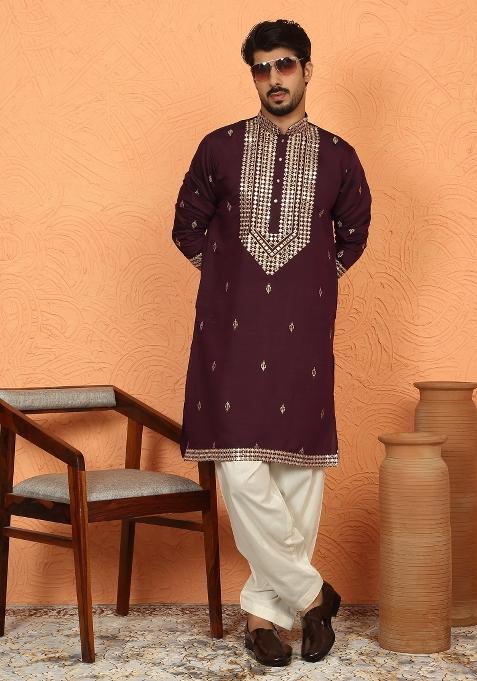 Wine Embroidered Cotton Kurta For Men