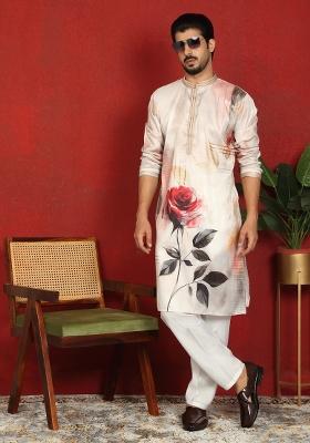 Beige Floral Print Cotton Kurta For Men