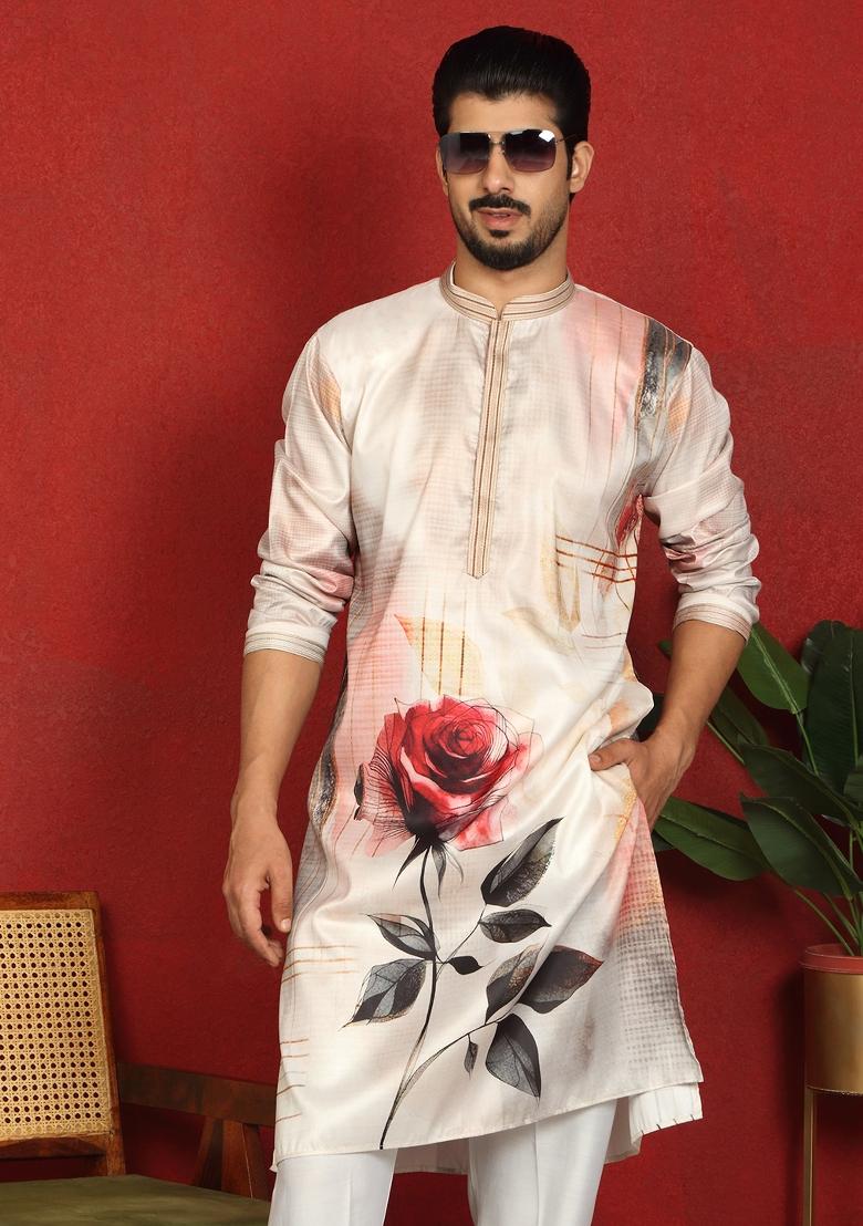 Beige Floral Print Cotton Kurta For Men - Indya