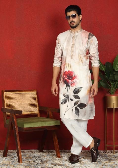 Beige Floral Print Cotton Kurta For Men
