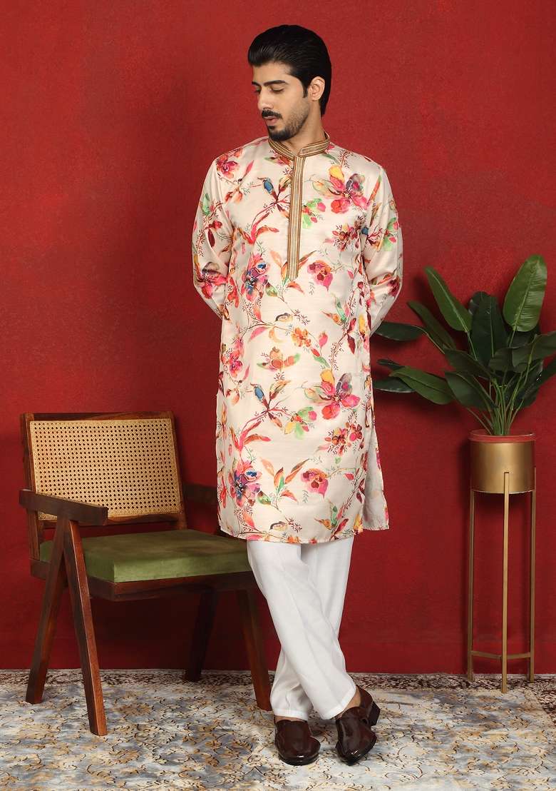 Cream Floral Print Cotton Kurta For Men - Indya