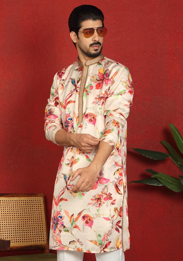 Cream Floral Print Cotton Kurta For Men - Indya