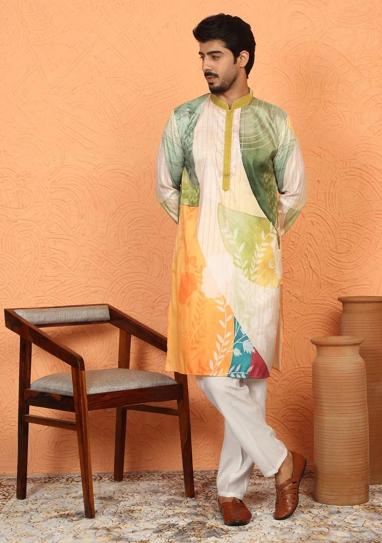 Green Floral Print Cotton Kurta For Men - Indya