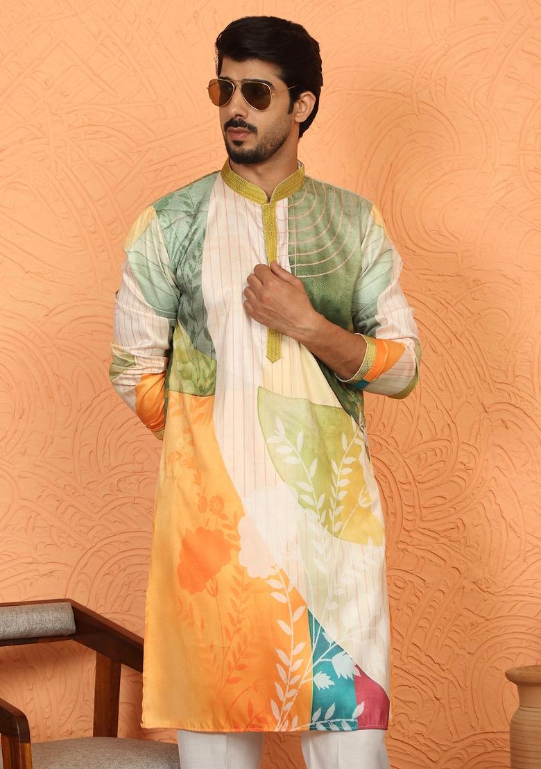 Green Floral Print Cotton Kurta For Men - Indya