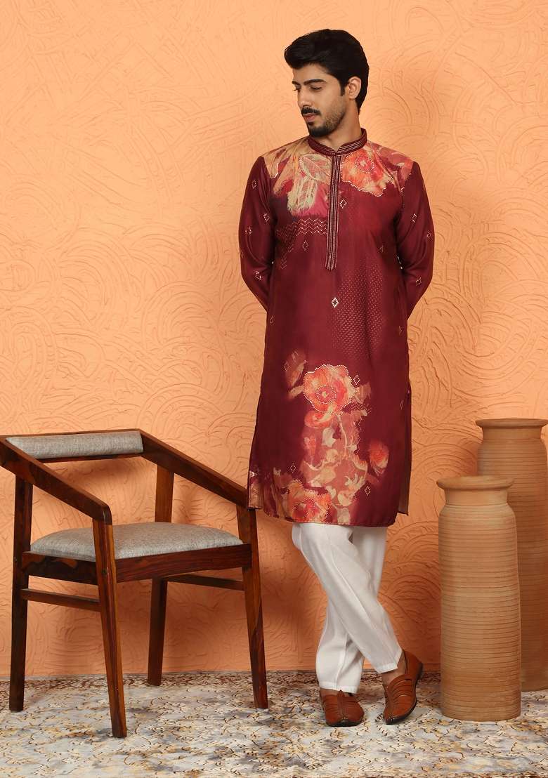 Maroon Floral Print Cotton Kurta For Men - Indya