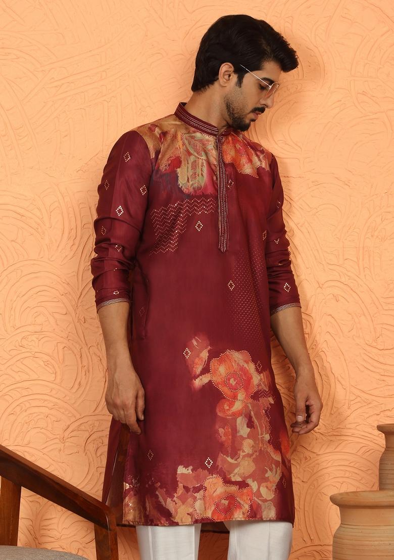 Maroon Floral Print Cotton Kurta For Men - Indya