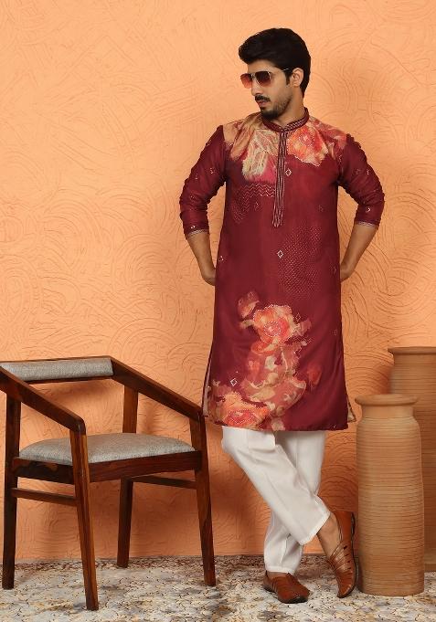 Maroon Floral Print Cotton Kurta For Men