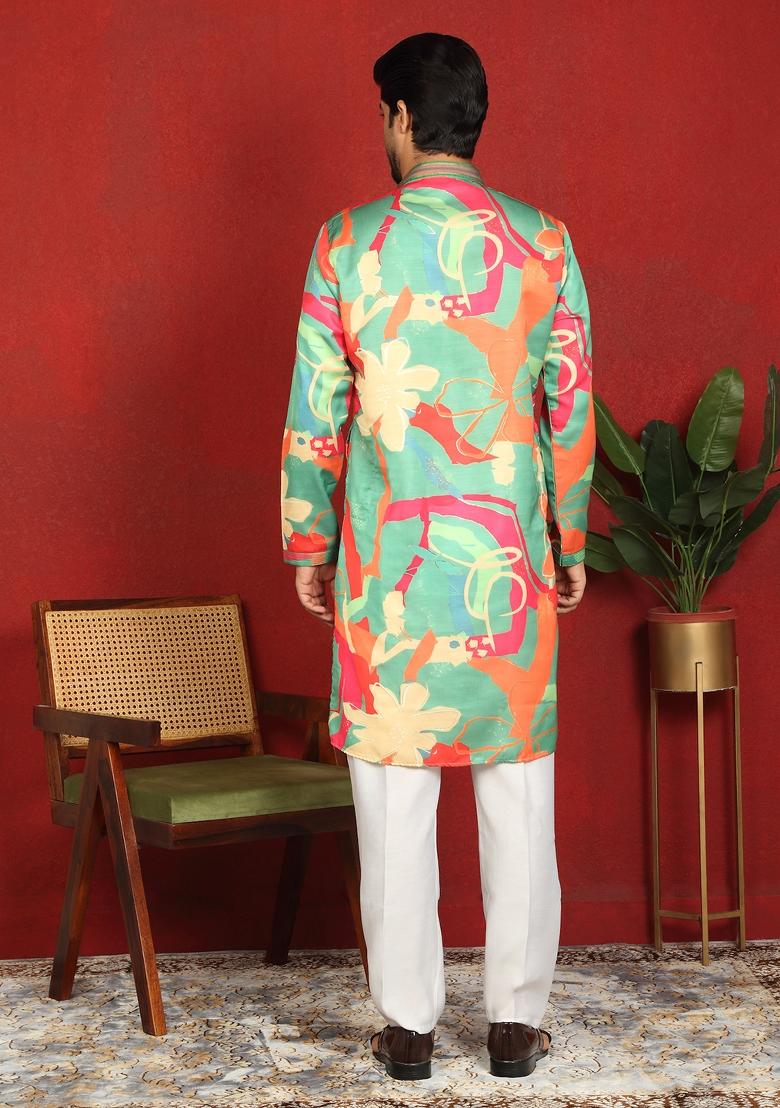 Multicolor Floral Print Cotton Kurta For Men - Indya
