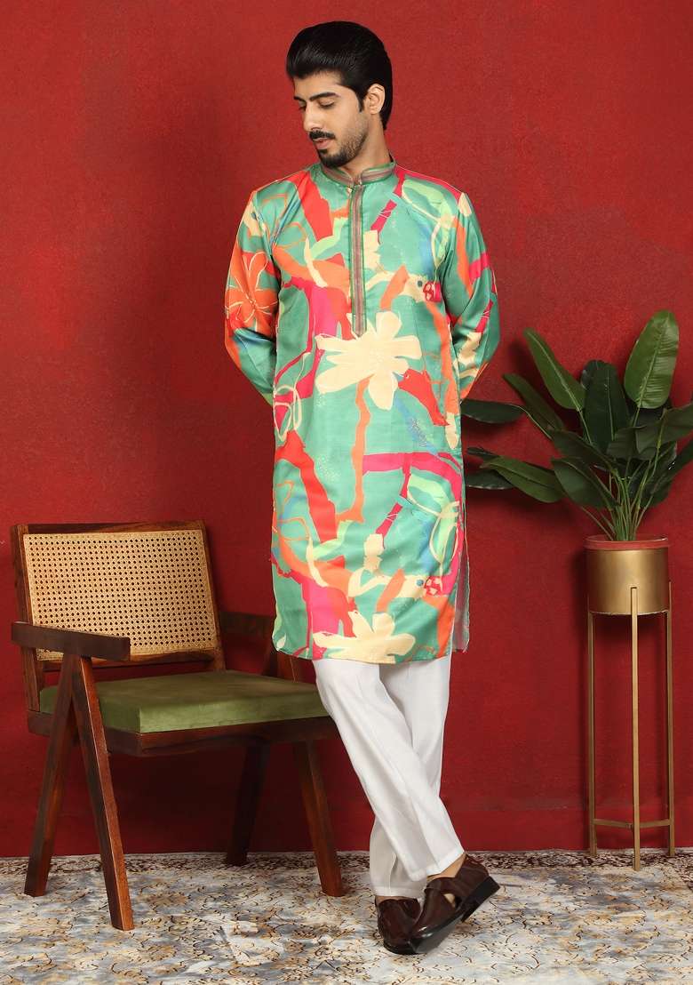 Multicolor Floral Print Cotton Kurta For Men - Indya