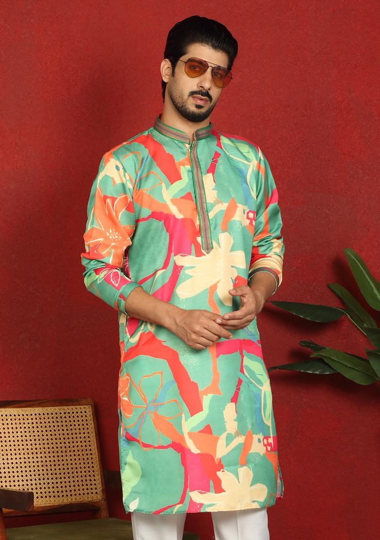Multicolor Floral Print Cotton Kurta For Men - Indya