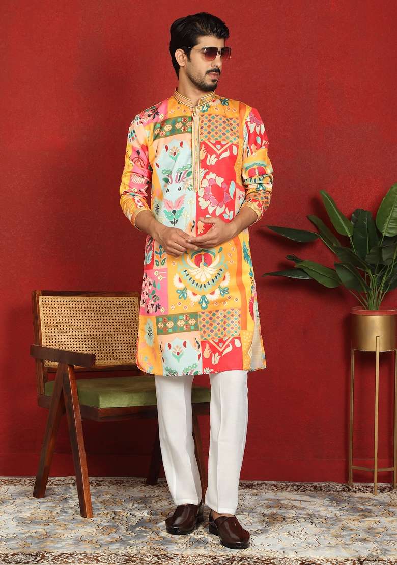 Mustard Floral Print Cotton Kurta For Men - Indya
