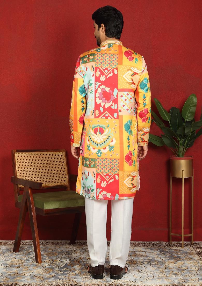 Mustard Floral Print Cotton Kurta For Men - Indya