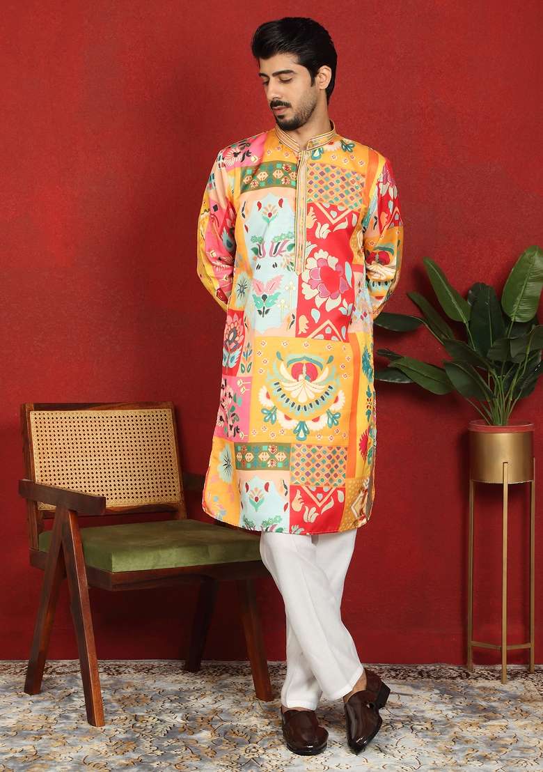 Mustard Floral Print Cotton Kurta For Men - Indya