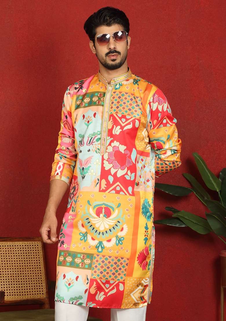 Mustard Floral Print Cotton Kurta For Men - Indya