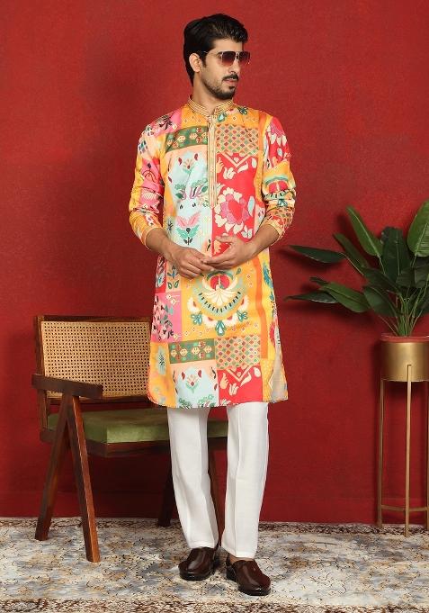 Mustard Floral Print Cotton Kurta For Men