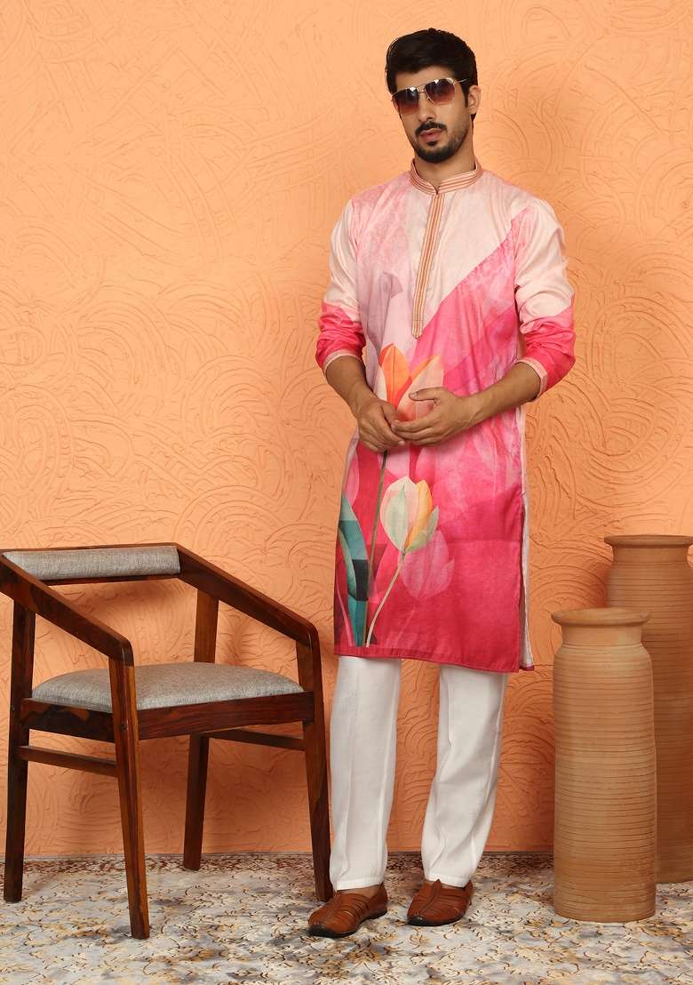 Pink Floral Print Cotton Kurta For Men - Indya