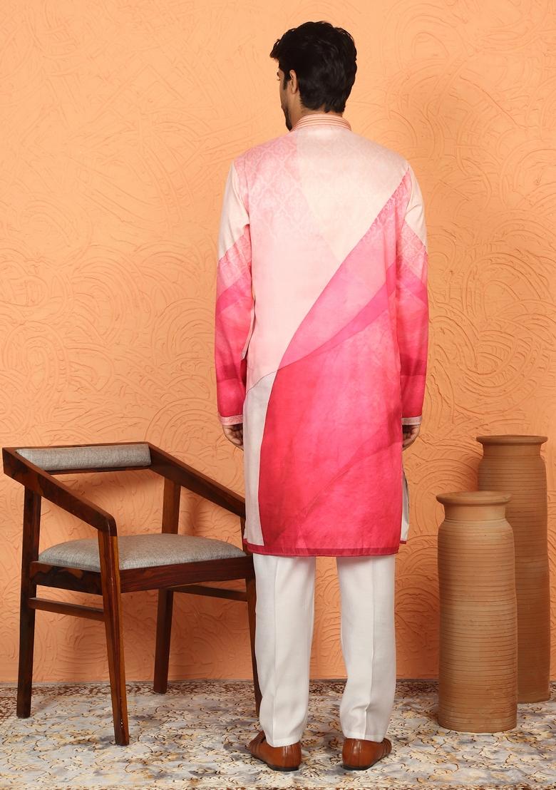 Pink Floral Print Cotton Kurta For Men - Indya