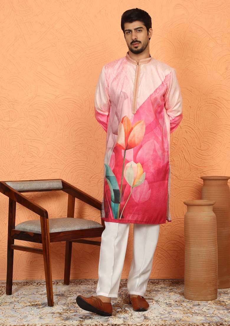Pink Floral Print Cotton Kurta For Men - Indya