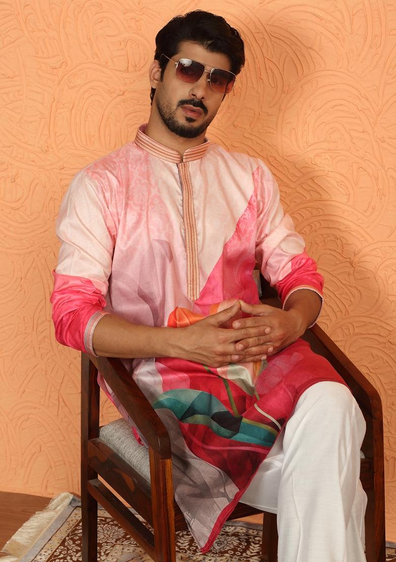 Pink Floral Print Cotton Kurta For Men - Indya