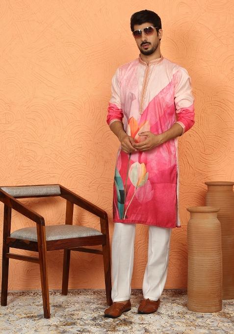 Pink Floral Print Cotton Kurta For Men