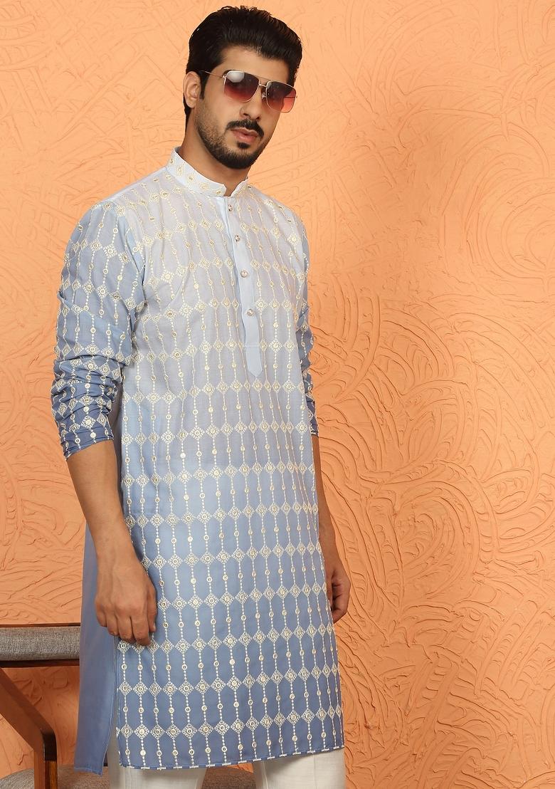 Blue Ombre Cotton Kurta For Men - Indya