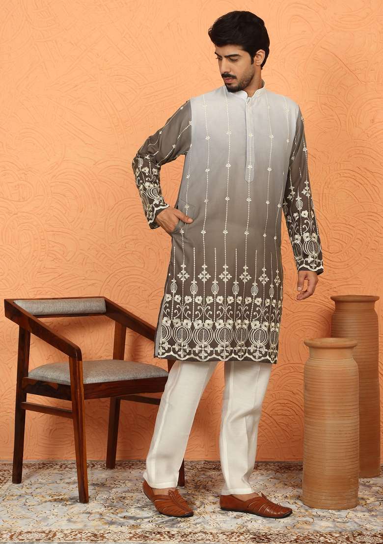 Brown Ombre Cotton Kurta For Men - Indya