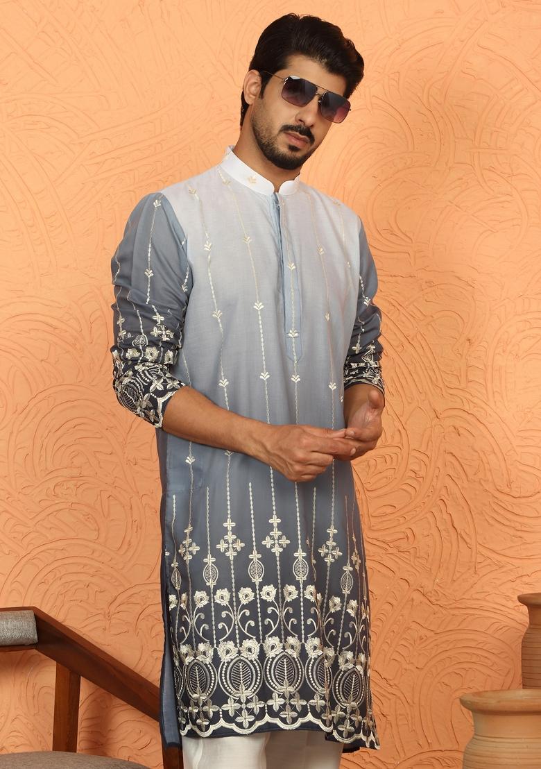 Grey Ombre Cotton Kurta For Men - Indya