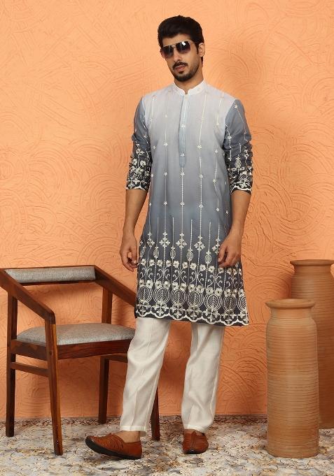 Grey Ombre Cotton Kurta For Men