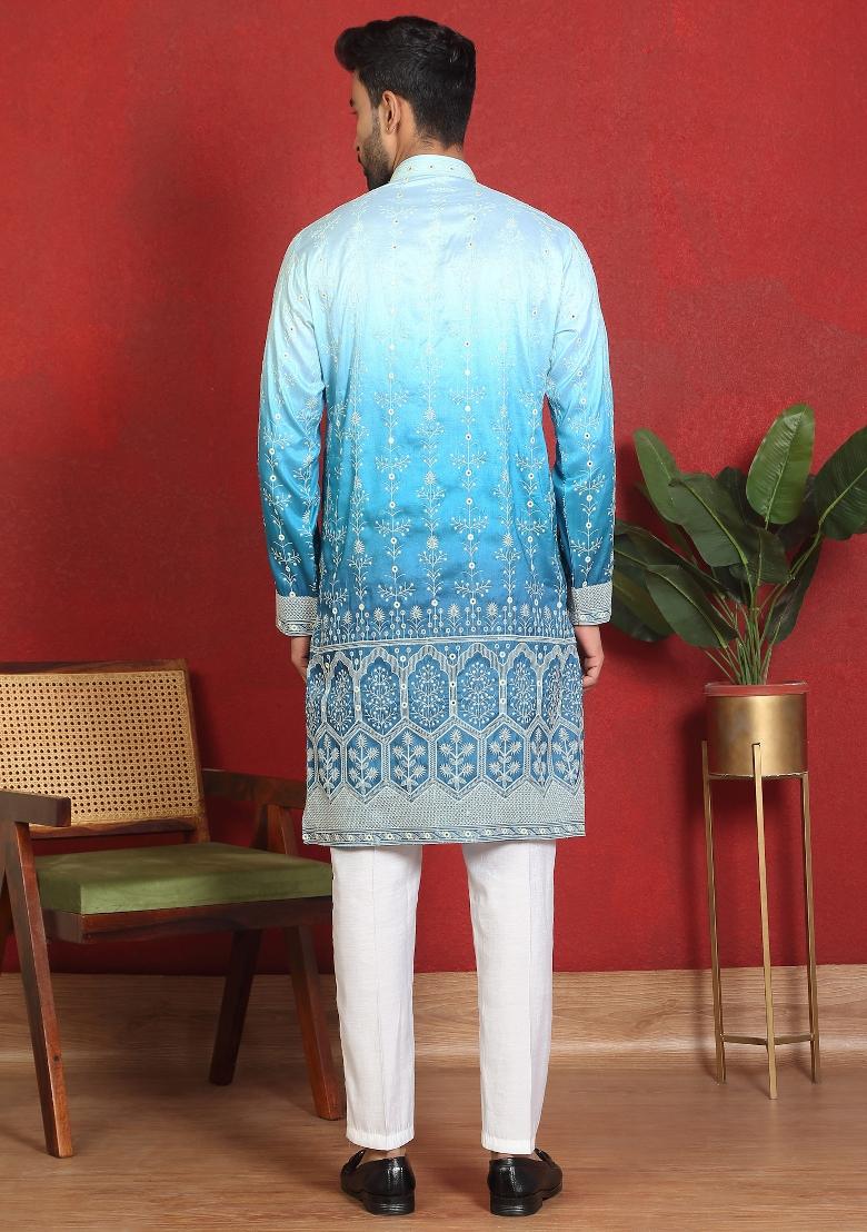 Blue Ombre Cotton Kurta For Men - Indya