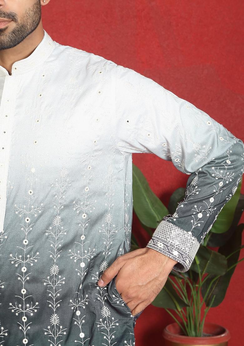 Grey Ombre Cotton Kurta For Men - Indya