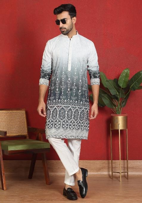Grey Ombre Cotton Kurta For Men