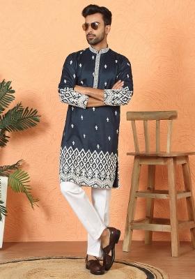 Navy Blue Ethnic Motifs Cotton Kurta For Men