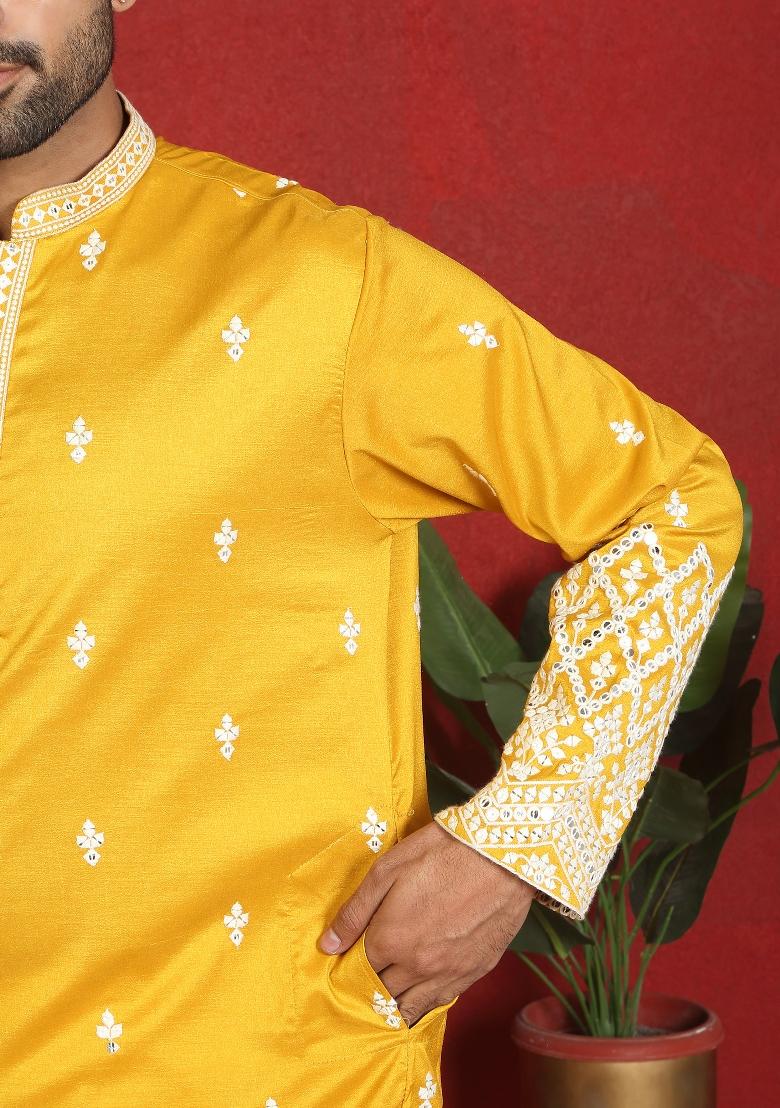Yellow Ethnic Motifs Cotton Kurta For Men - Indya