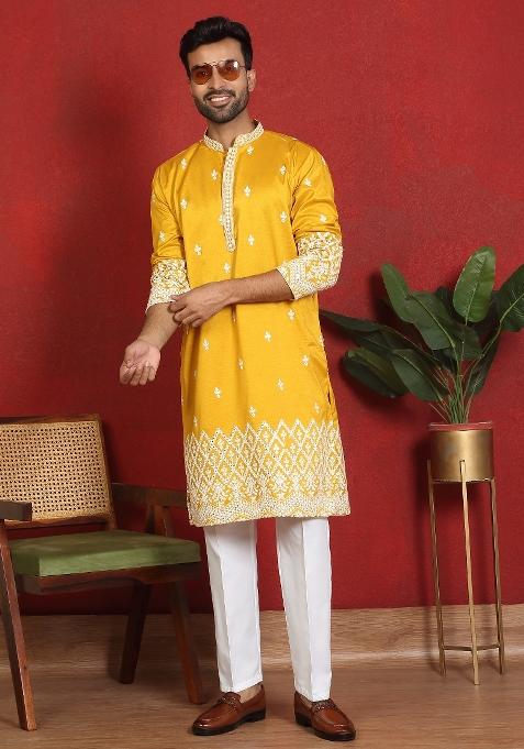Yellow Ethnic Motifs Cotton Kurta For Men