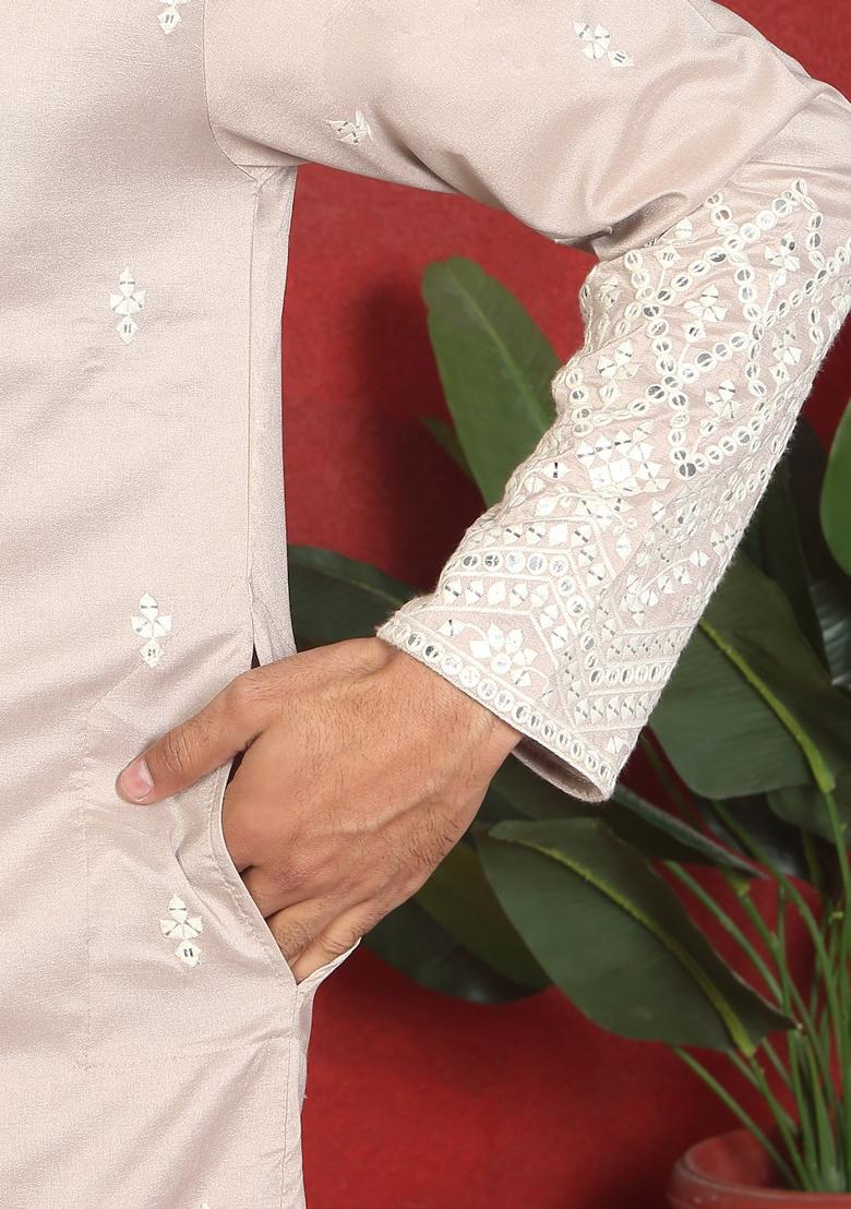 Beige Ethnic Motifs Cotton Kurta For Men - Indya