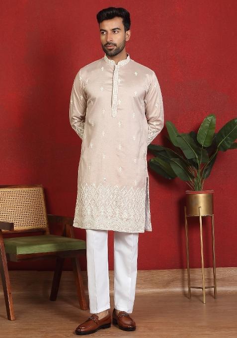 Beige Ethnic Motifs Cotton Kurta For Men