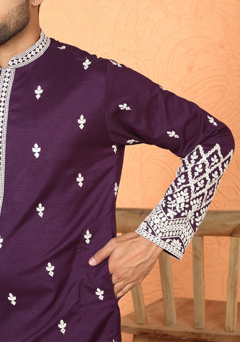 Purple Ethnic Motifs Cotton Kurta For Men - Indya
