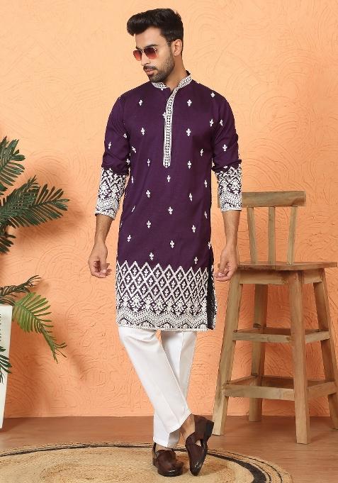 Purple Ethnic Motifs Cotton Kurta For Men
