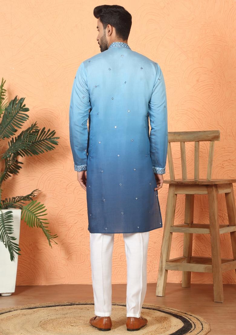 Blue Ombre Cotton Kurta For Men - Indya