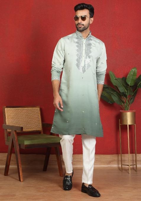 Green Ombre Cotton Kurta For Men