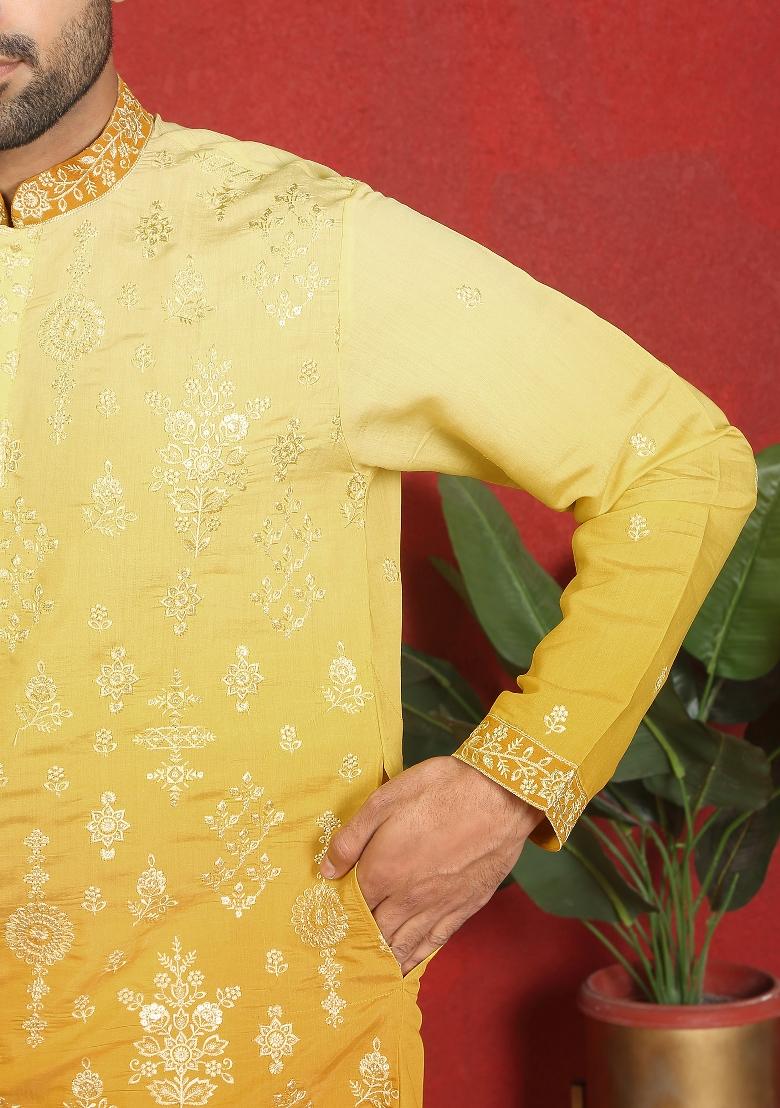 Yellow Ombre Cotton Kurta For Men - Indya
