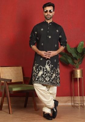 Black Embroidered Cotton Kurta For Men