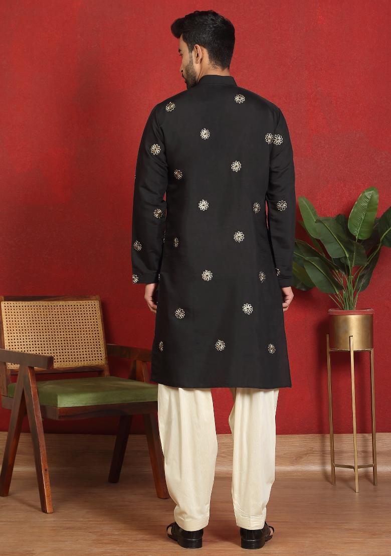 Black Embroidered Cotton Kurta For Men - Indya