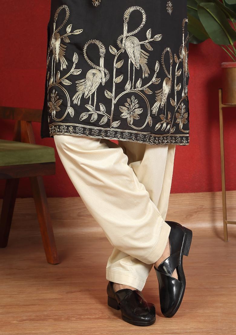 Black Embroidered Cotton Kurta For Men - Indya