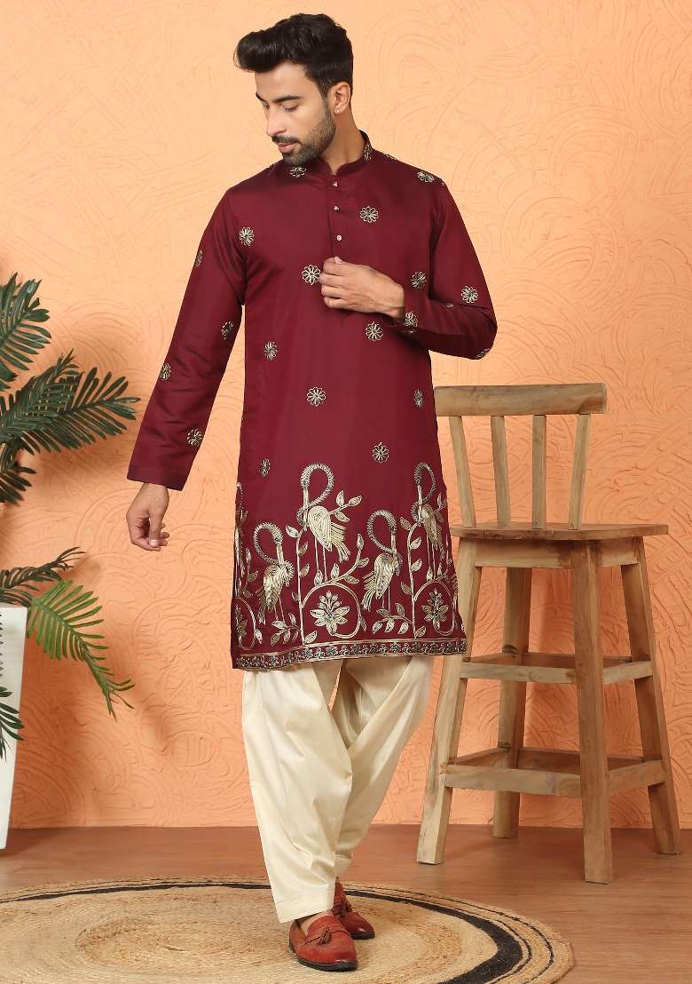 Maroon Embroidered Cotton Kurta For Men - Indya
