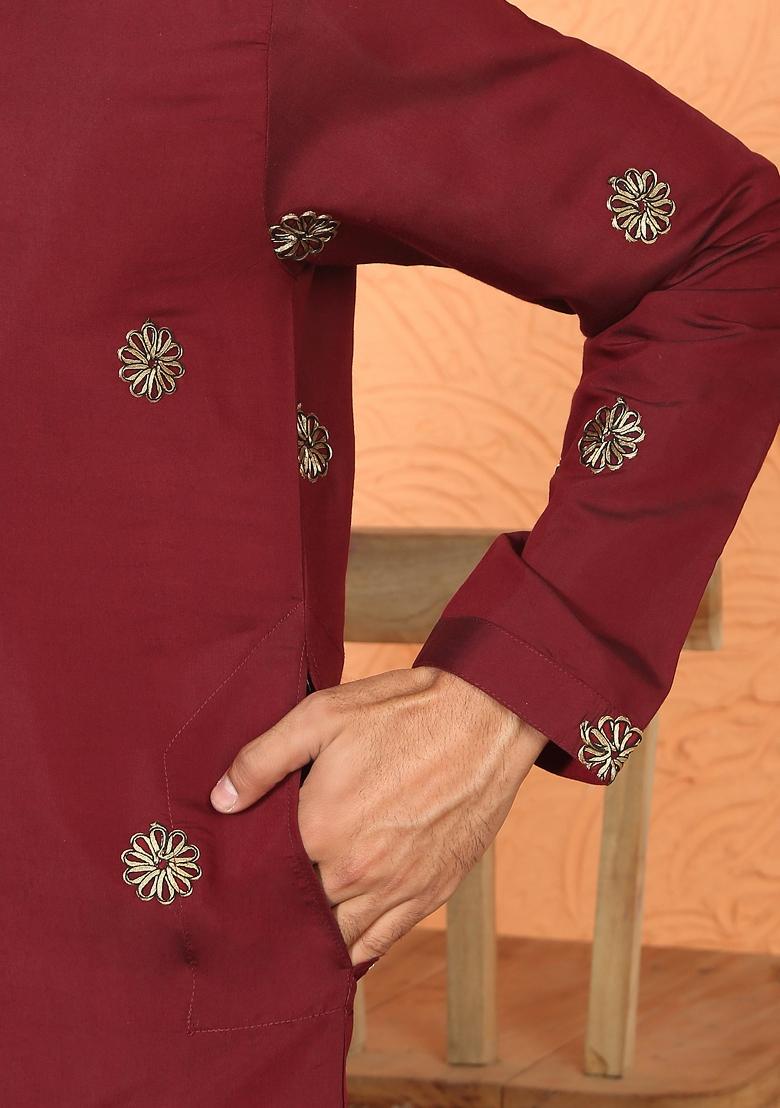 Maroon Embroidered Cotton Kurta For Men - Indya