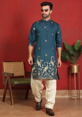 Blue Embroidered Cotton Kurta For Men